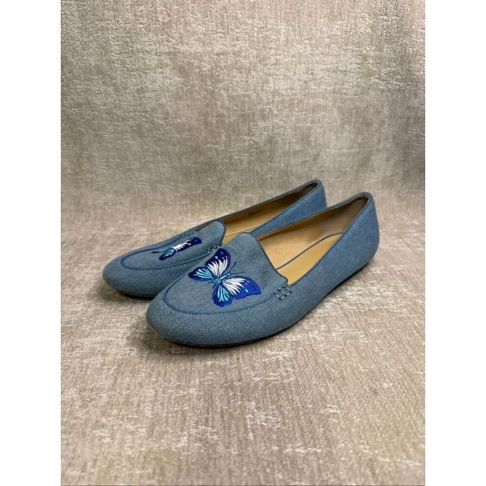 Talbots Women's Embroidered Butterfly Slip-on Denim Loafer Flats Blue Size 8.5
